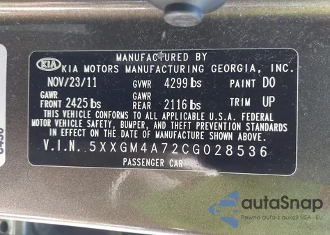 2012 Kia Optima Lx из США, поврежденный, VIN 5XXGM4A72CG028536